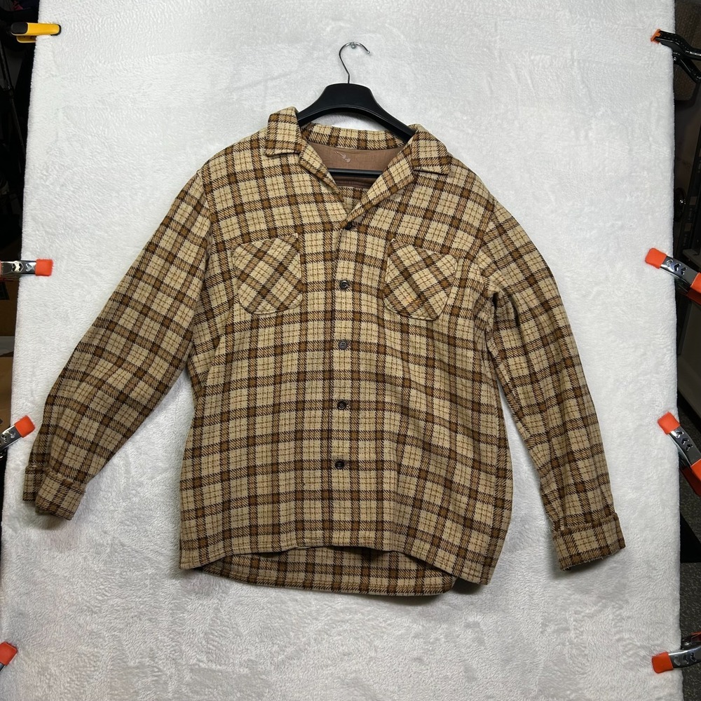 Vintage Men's Board Shirt Brown‎ Beige Wool Plaid Long Sleeve Button Up Classic